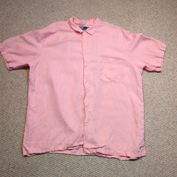Polo Ralph Lauren Button Up Shirt Mens 2XLT Pink Silk Linen Short Sleeve Preppy - Picture 1 of 7